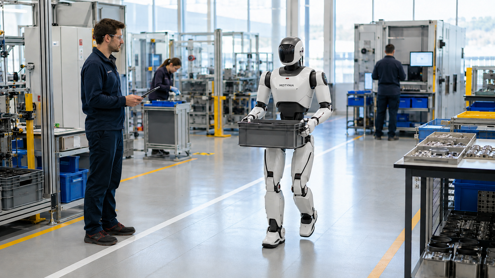 Technician supervising a humanoid robot transporting a parts tote on a production floor