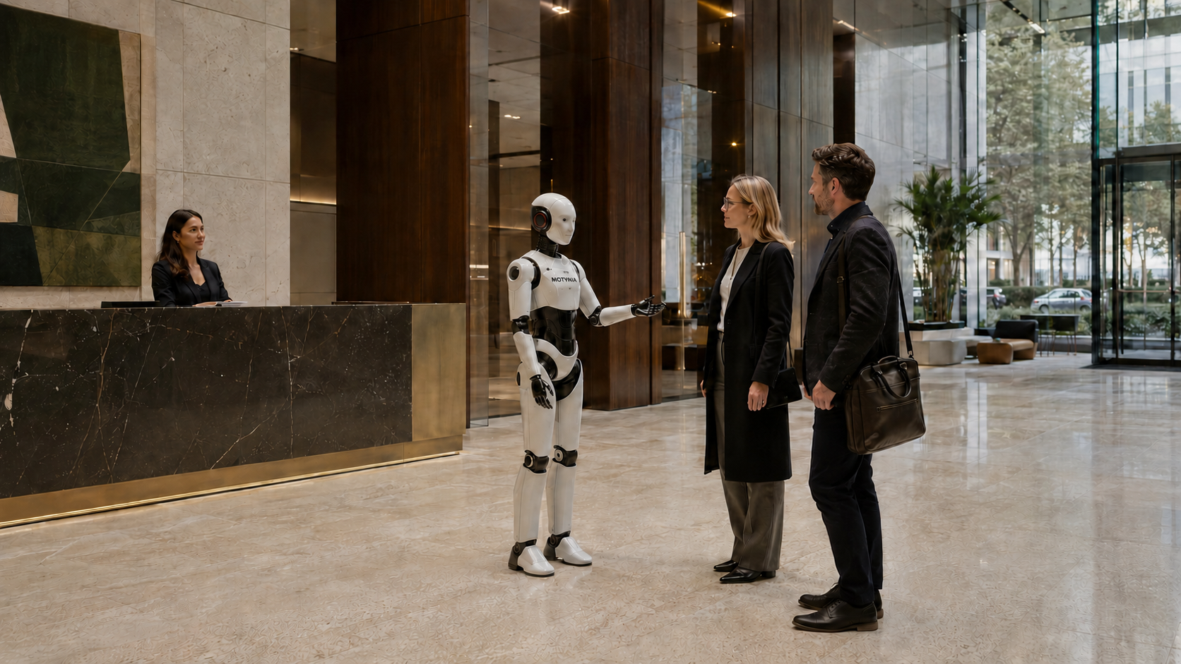 Humanoid robot guiding visitors in a refined corporate lobby