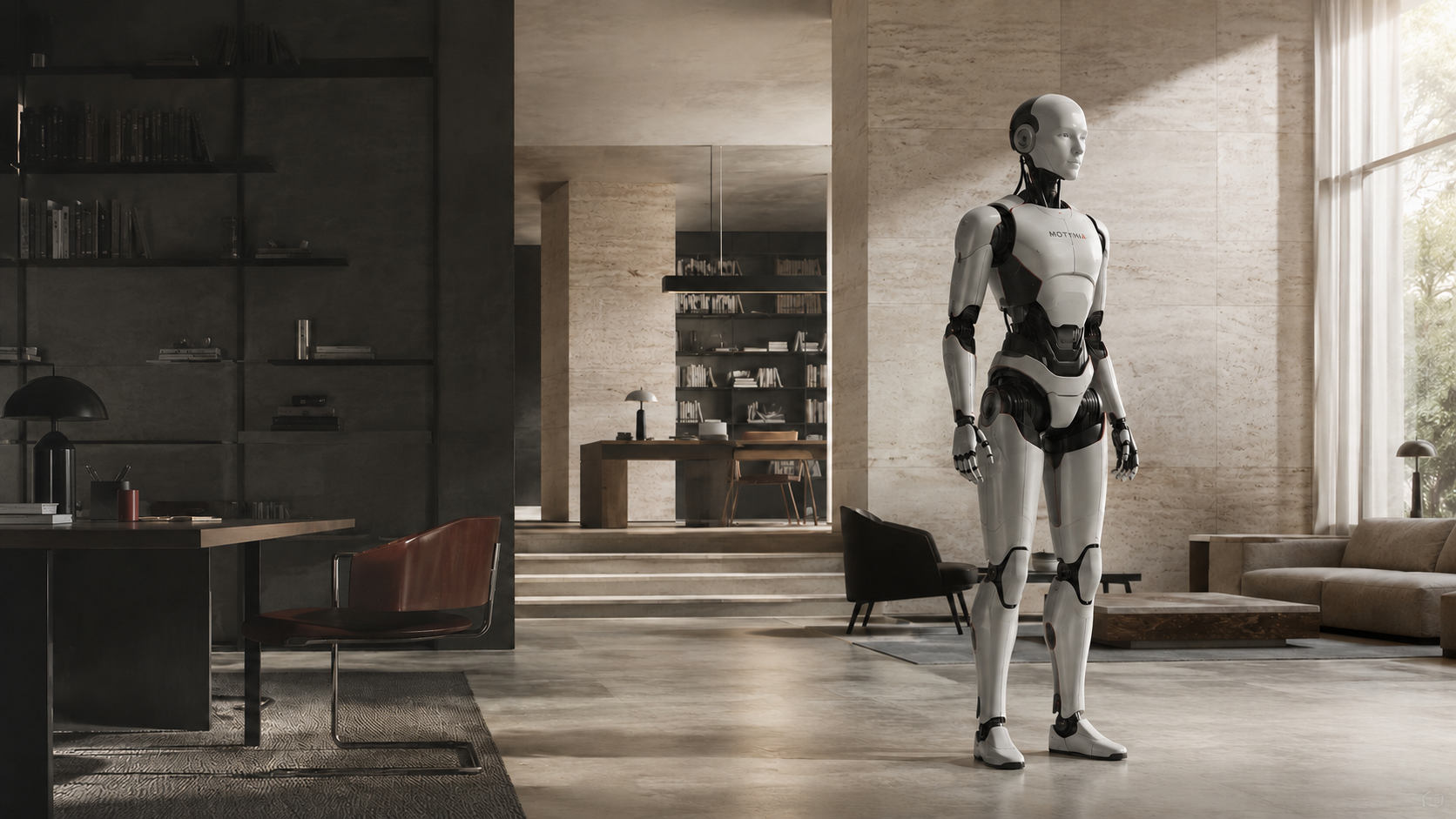 Elegant humanoid robot in a contemporary Italian interior